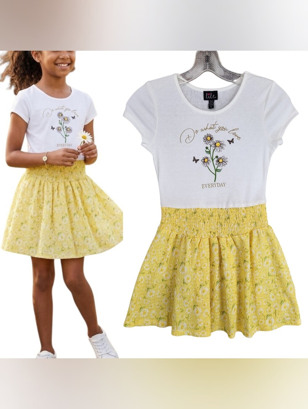 Lilt Daisy Floral Smocked Waist Dress Graphic Tee Yellow White Casual Girl's 10